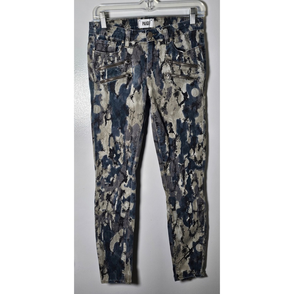 Paige Edgemont Skinny Jeans Blue Grey Snakeskin Camo Double Zip Moto Pants Sz 28